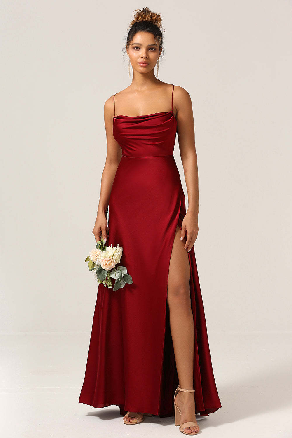 Satin Spaghetti Strap Open Back A-line Bridesmaid Dress with Slit