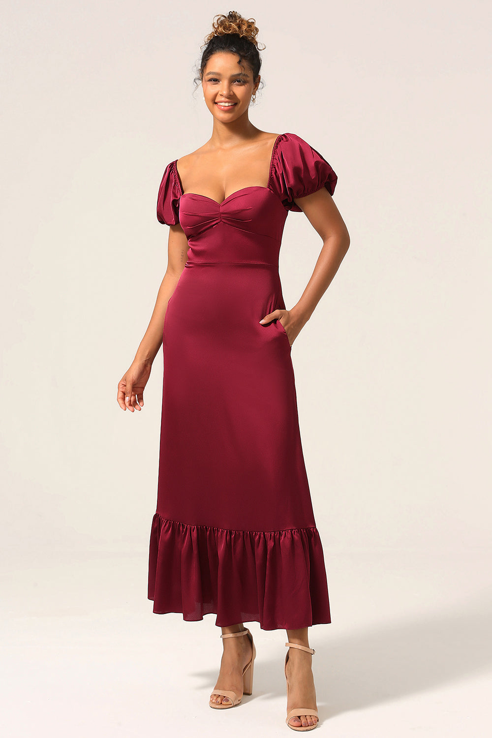 Plus Size Sweetheart Burgundy Maxi Bridesmaid Dress with Sleeves