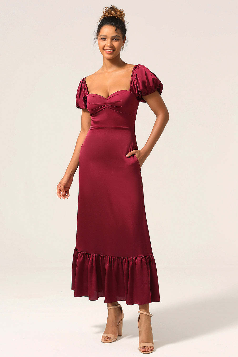 Plus Size Sweetheart Burgundy Maxi Bridesmaid Dress with Sleeves