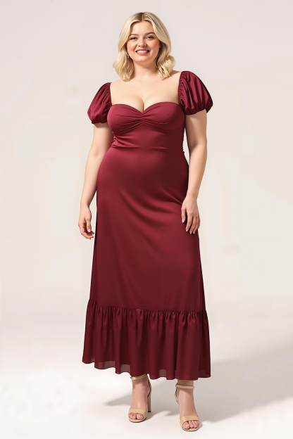 Satin A-line Ankle Length Sweetheart Puff Sleeve Bridesmaid Dress with Pockets