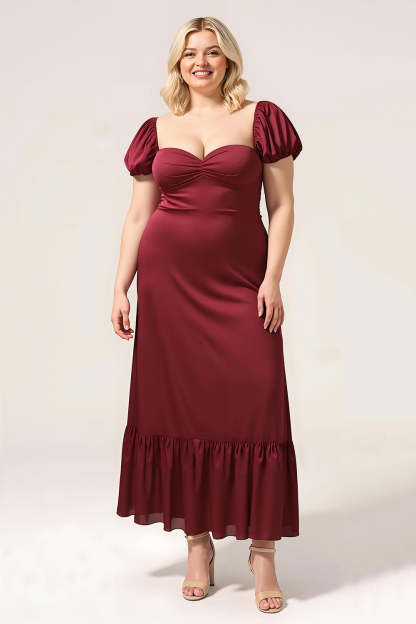 Leely Women Plus Size Burgundy Bridesmaid Dress with Sleeves Sweetheart A Line Ankle Length Wedding Party Dress