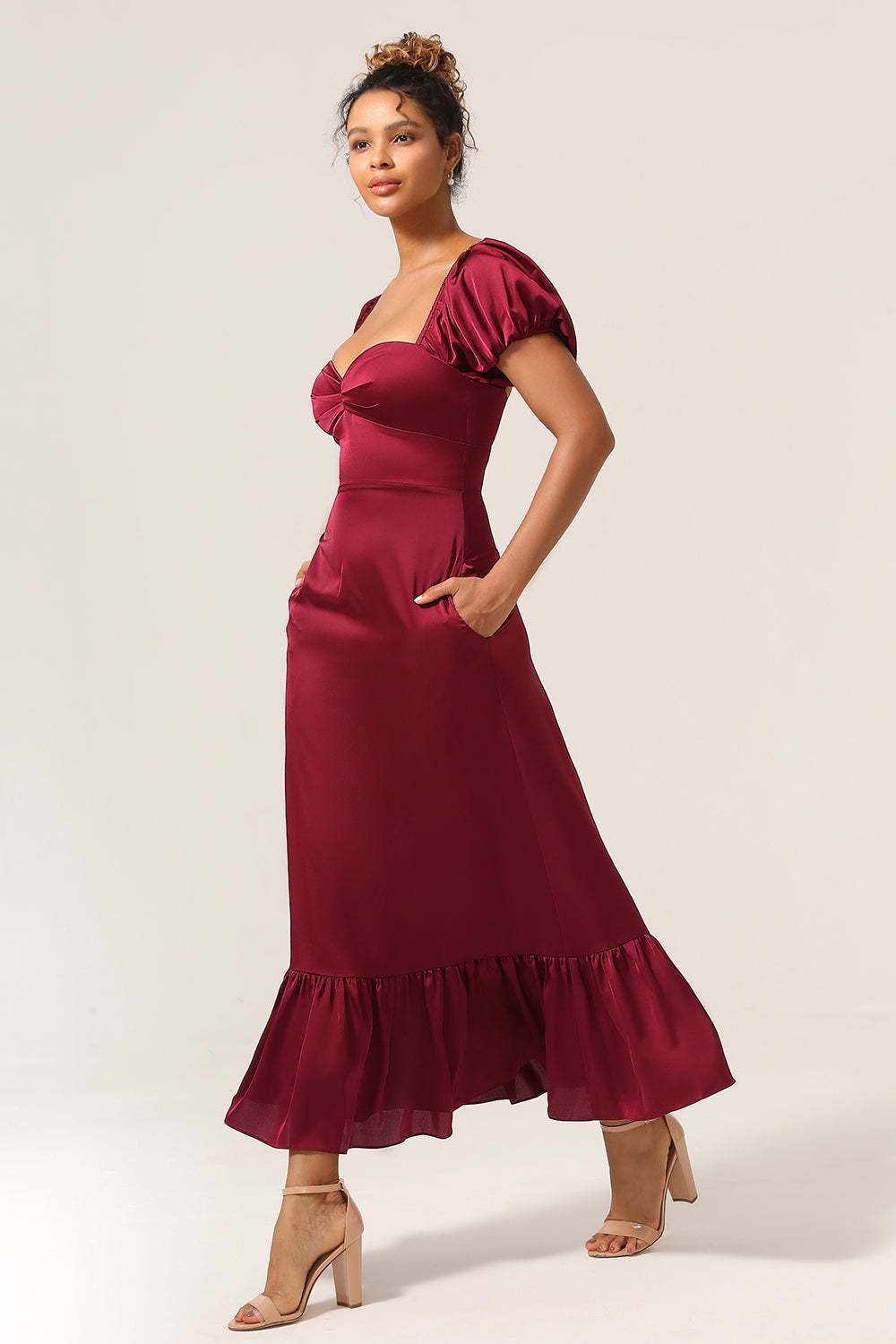 Plus Size Sweetheart Burgundy Maxi Bridesmaid Dress with Sleeves
