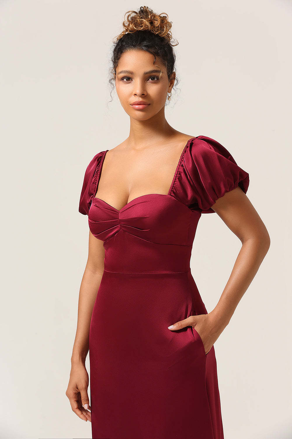 Plus Size Sweetheart Burgundy Maxi Bridesmaid Dress with Sleeves