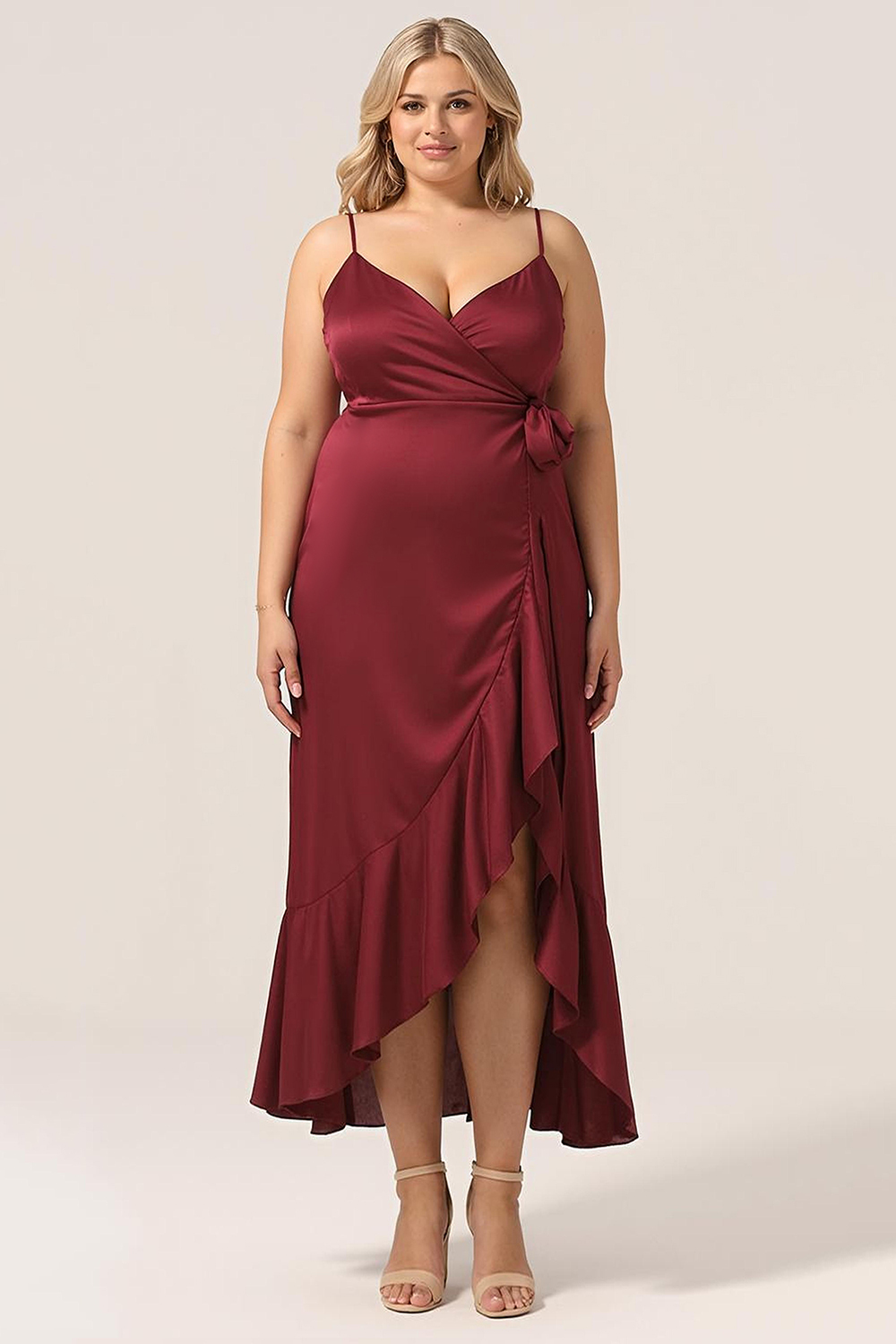 V-neck Spaghetti Strap Ruffles Asymmetrical Long Satin Bridesmaid Dress