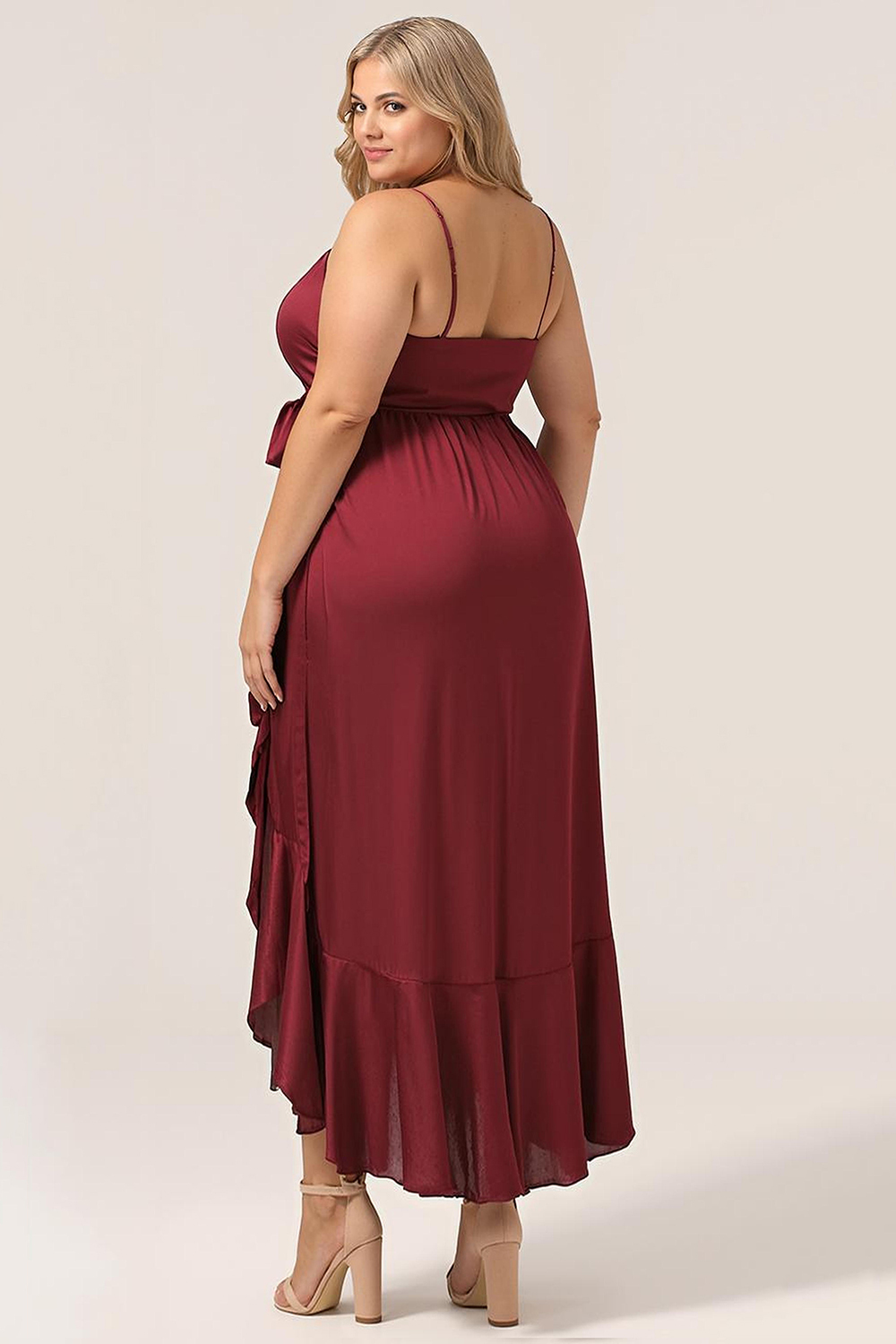 V-neck Spaghetti Strap Ruffles Asymmetrical Long Satin Bridesmaid Dress