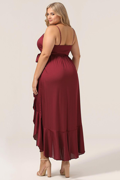 V-neck Spaghetti Strap Ruffles Asymmetrical Long Satin Bridesmaid Dress