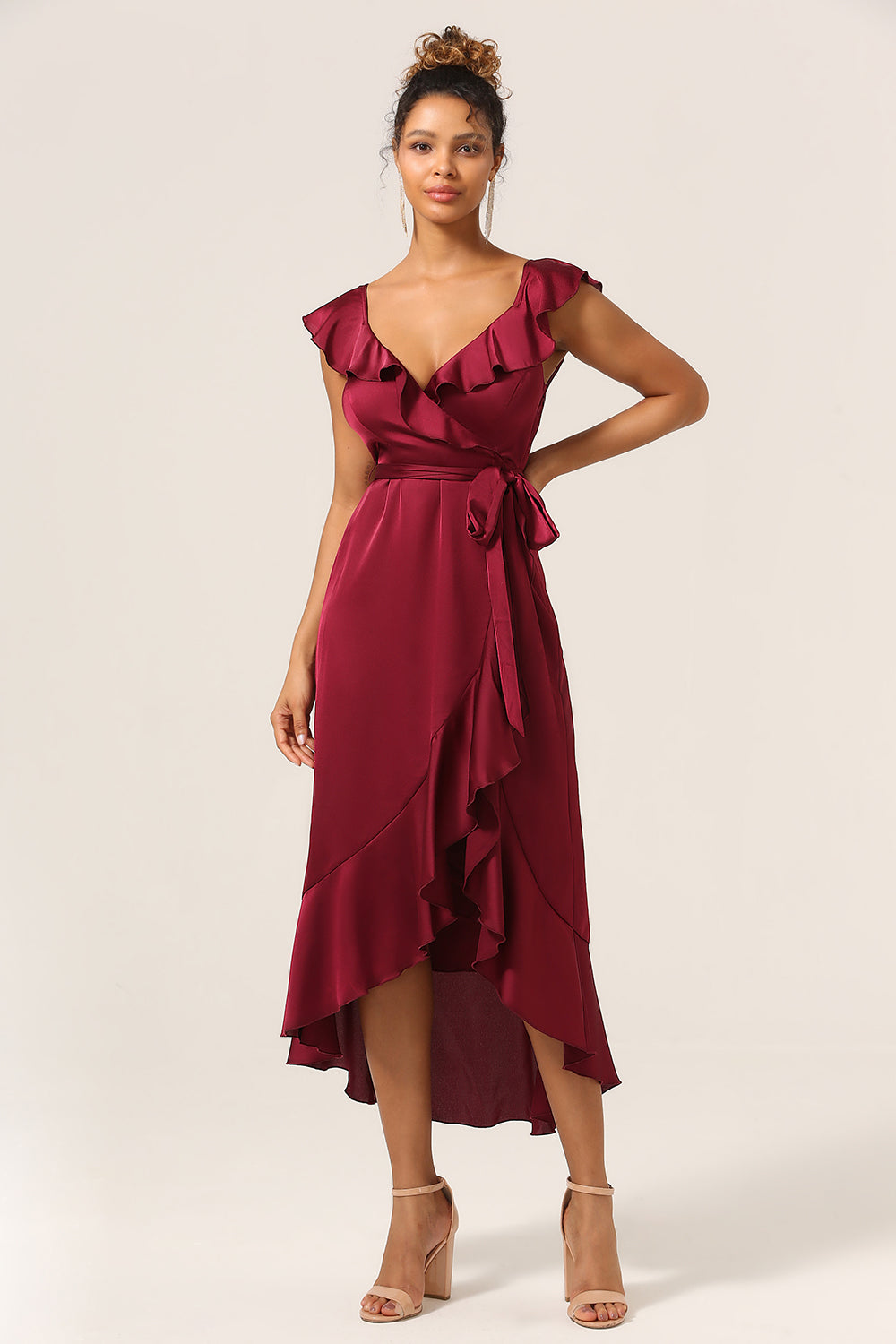 Plus Size Burgundy Ruffled A Line V-Neck High Low Bridesmaid Dress