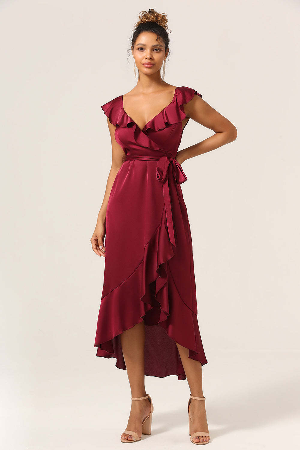 Plus Size Burgundy Ruffled A Line V-Neck High Low Bridesmaid Dress