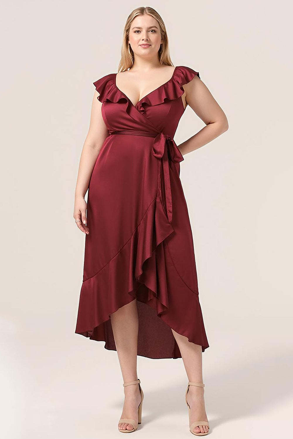 Plus Size Burgundy Ruffled A Line V-Neck High Low Bridesmaid Dress