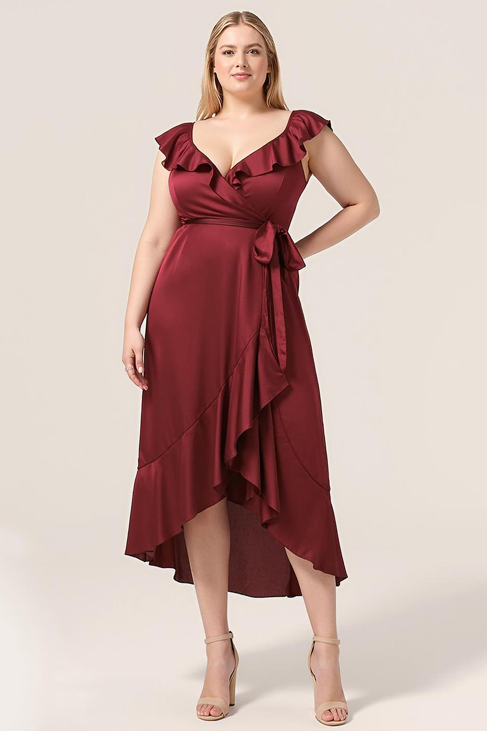 V-neck Ruffles A-line Satin Tea Length Wrap Bridesmaid Dress