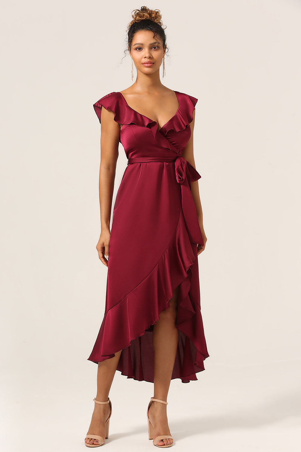 Plus Size Burgundy Ruffled A Line V-Neck High Low Bridesmaid Dress