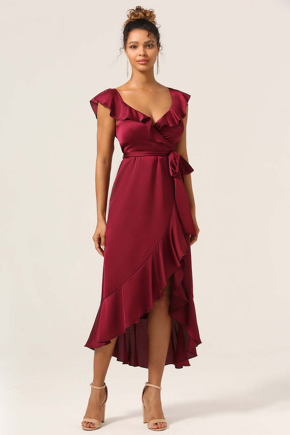 Plus Size Burgundy Ruffled A Line V-Neck High Low Bridesmaid Dress