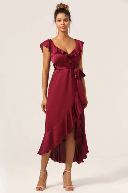Plus Size Burgundy Ruffled A Line V-Neck High Low Bridesmaid Dress