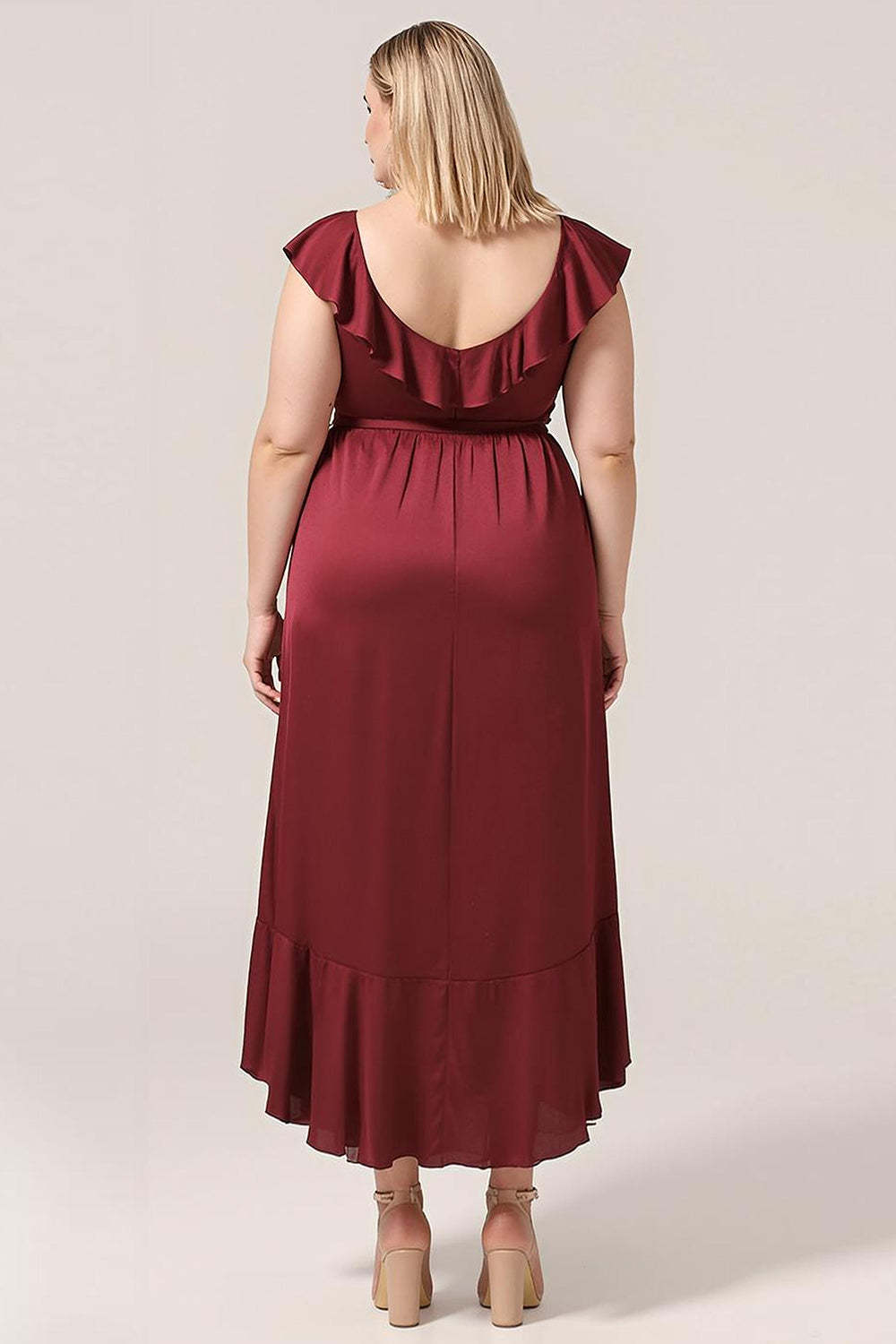 Plus Size Burgundy Ruffled A Line V-Neck High Low Bridesmaid Dress