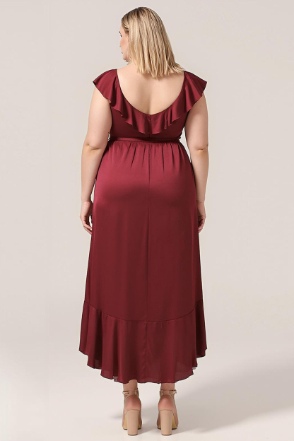 V-neck Ruffles A-line Satin Tea Length Wrap Bridesmaid Dress