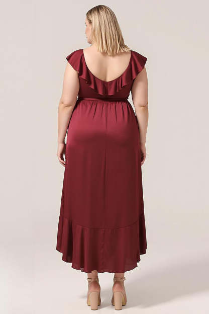 Plus Size Burgundy Ruffled A Line V-Neck High Low Bridesmaid Dress