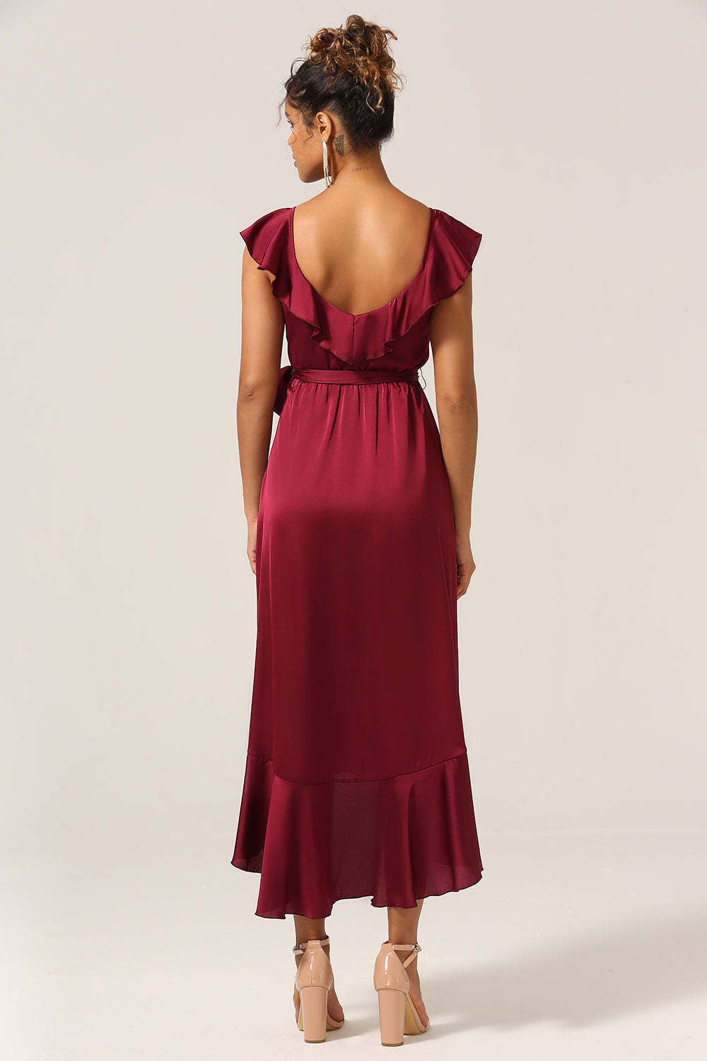 Plus Size Burgundy Ruffled A Line V-Neck High Low Bridesmaid Dress