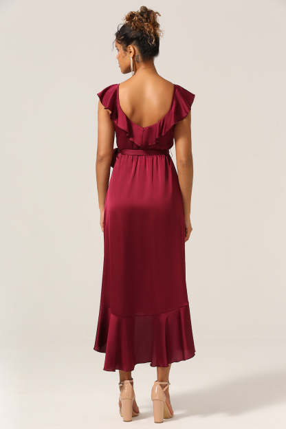 Plus Size Burgundy Ruffled A Line V-Neck High Low Bridesmaid Dress