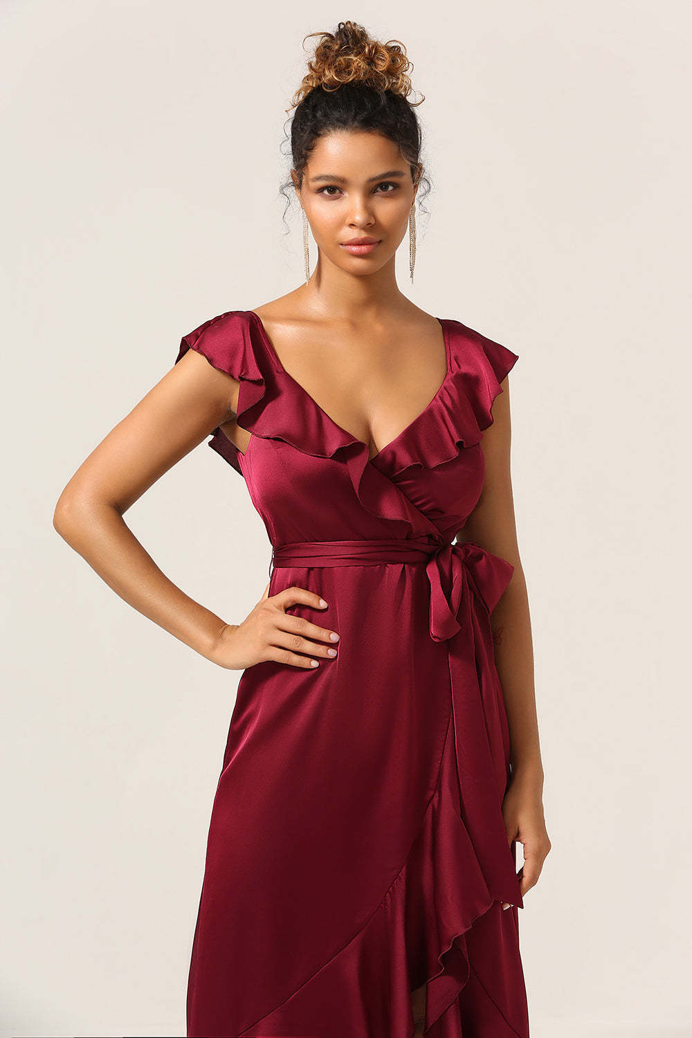 Plus Size Burgundy Ruffled A Line V-Neck High Low Bridesmaid Dress