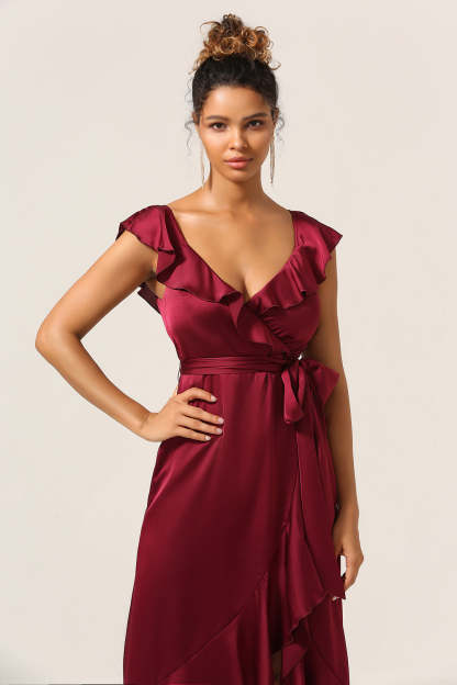 Plus Size Burgundy Ruffled A Line V-Neck High Low Bridesmaid Dress