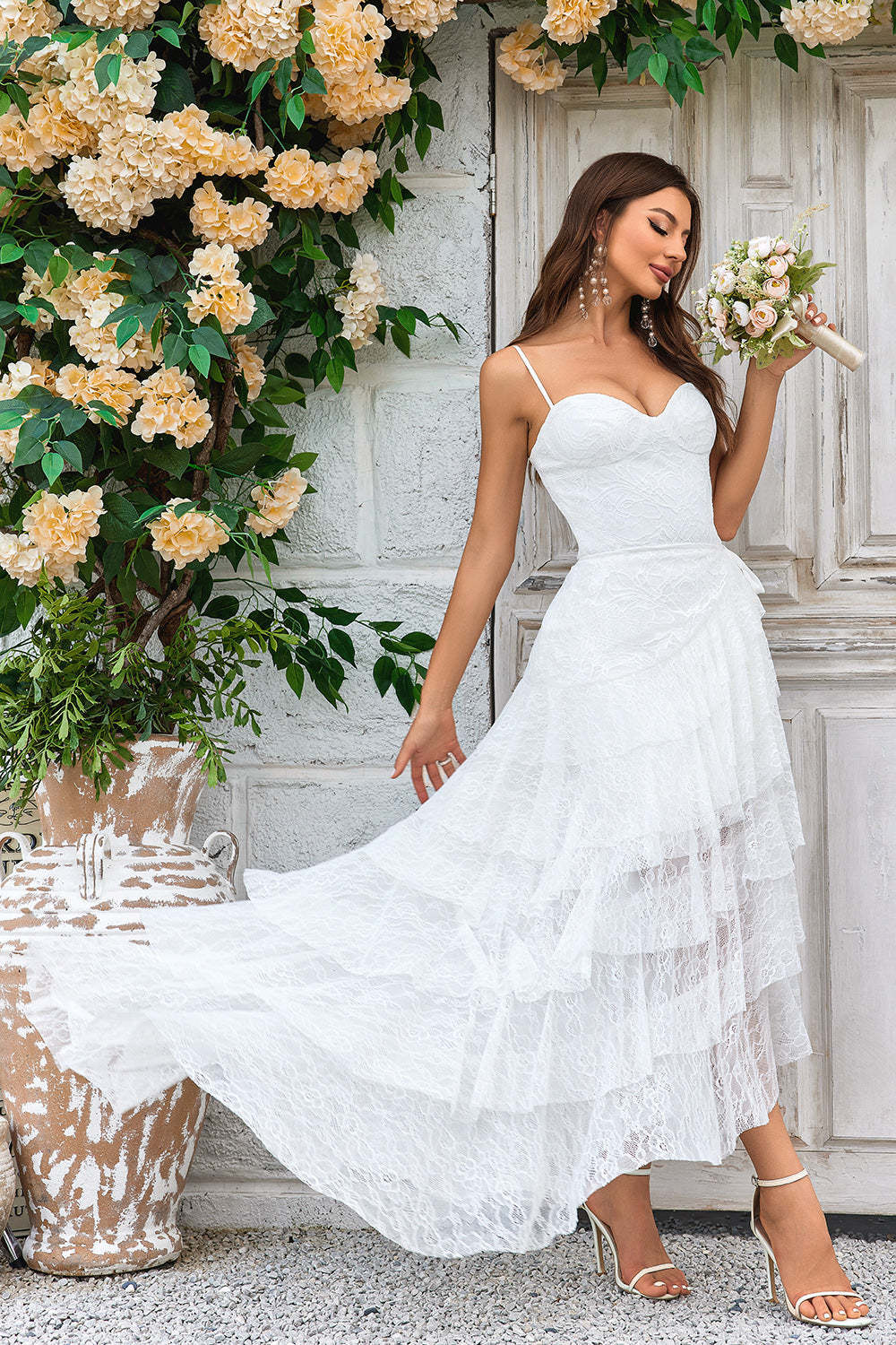 Leely Women Ivory Lace Asymmetrical Boho Wedding Dress Spaghetti Straps Detachable Train Tiered Bridal Dress