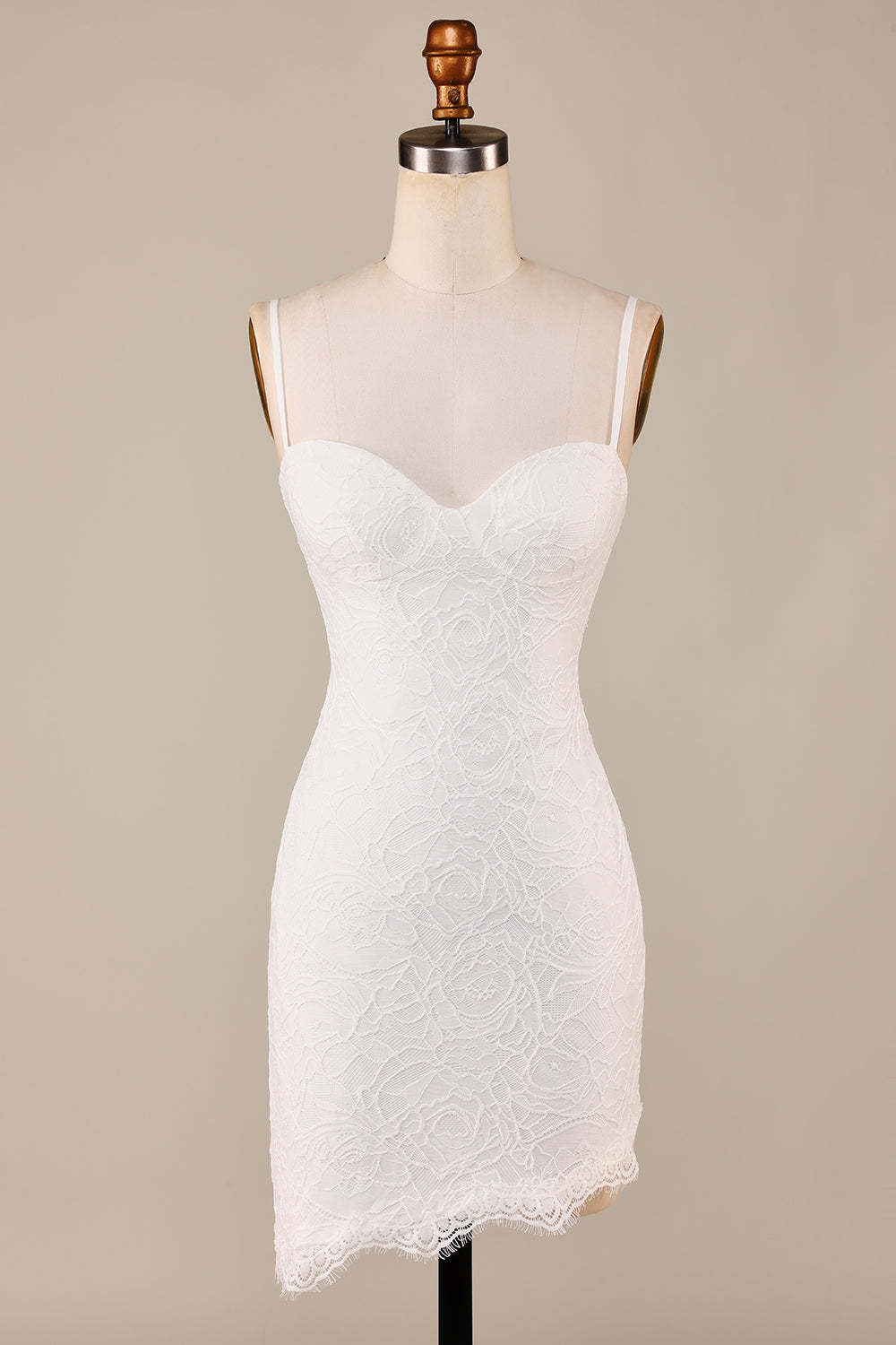 Sheath Spaghetti Straps Ivory Lace Asymmetrical Detachable Train Boho Wedding Dress