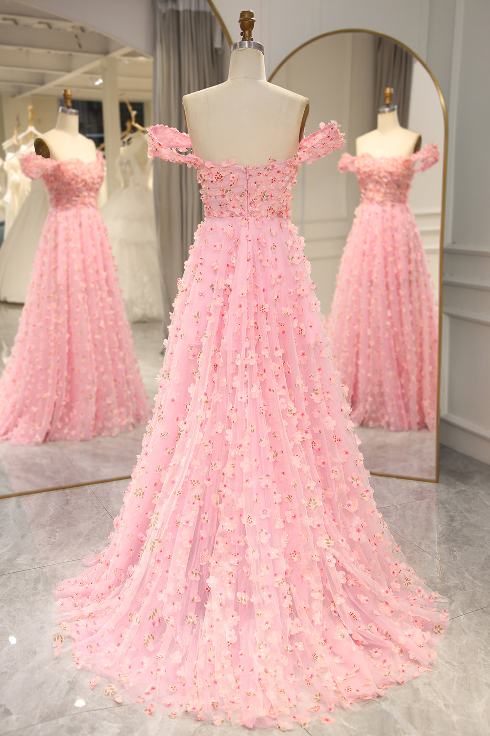 A-line Off The Shoulder Pink Long Bridesmaid Dress with 3D Flowers
