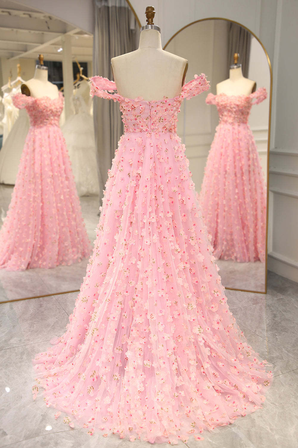 A-line Off The Shoulder Pink Long Bridesmaid Dress with 3D Flowers