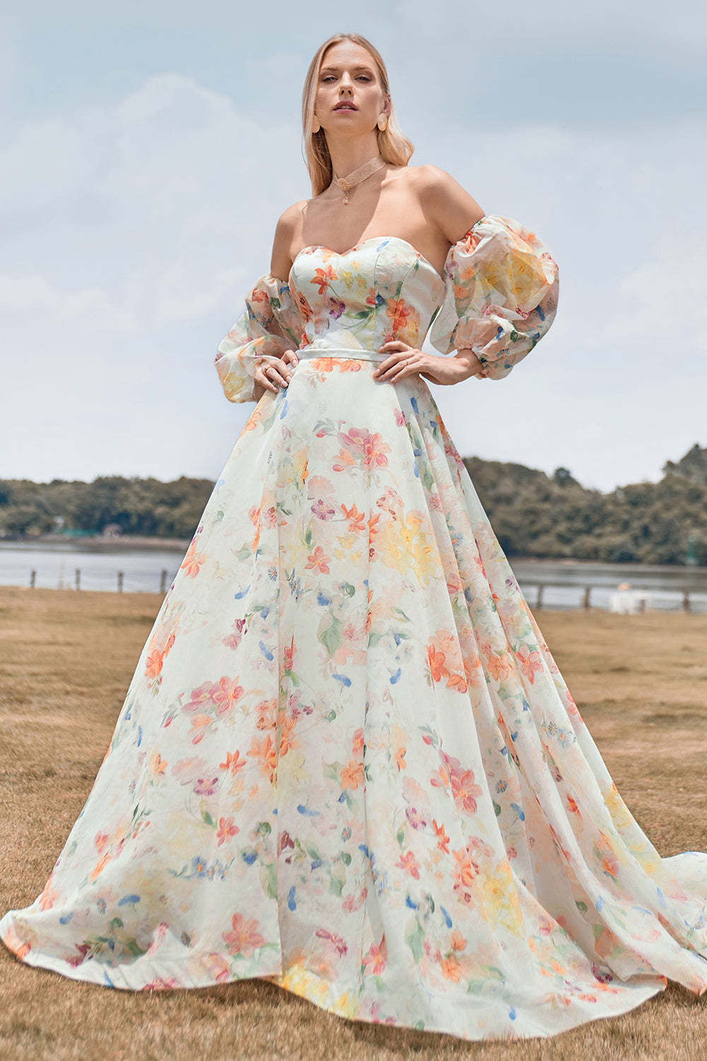Leely Women Ivory Floral Wedding Dress with Sleeves A-Line Sweep Train Off the Shoulder Bridal Dress