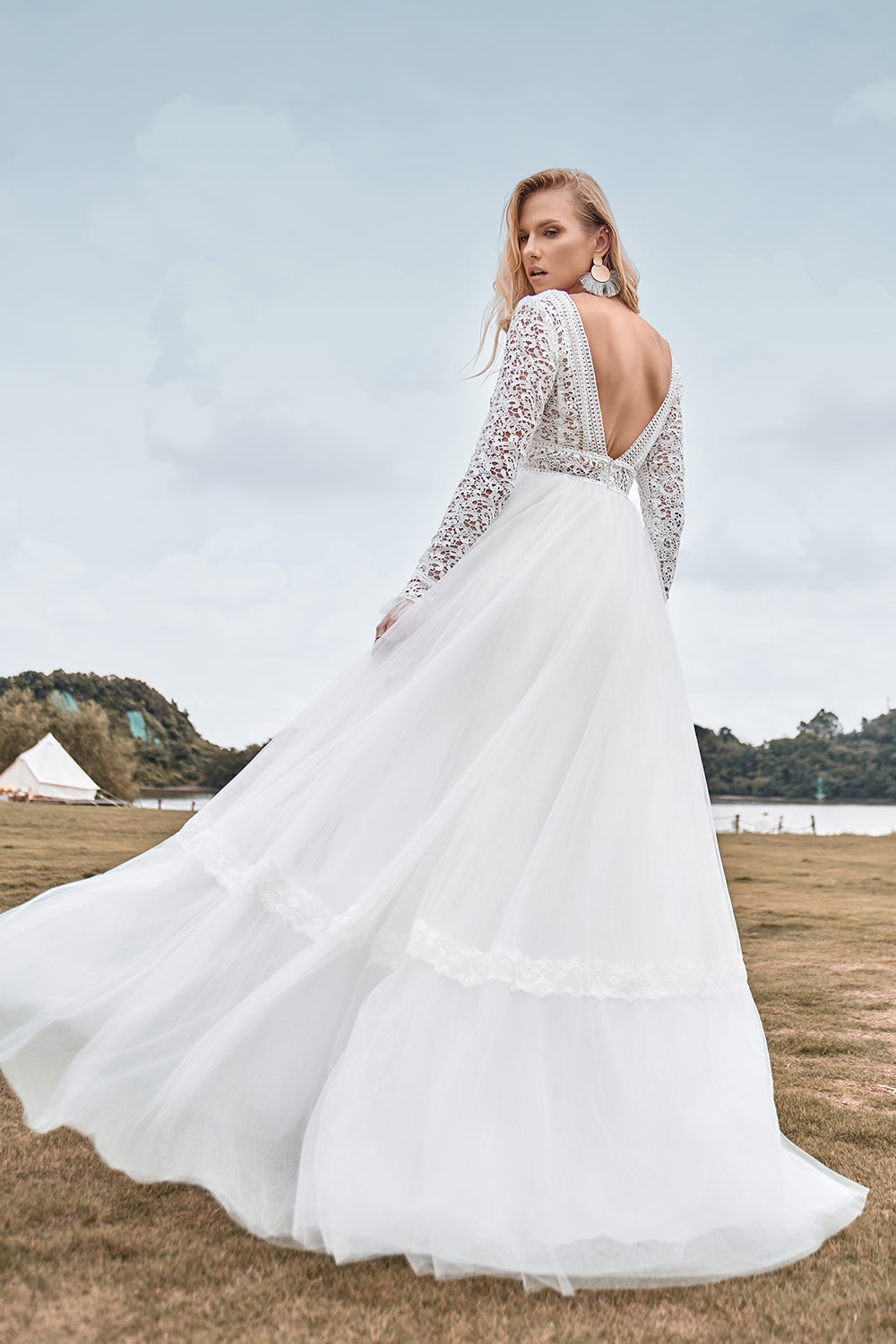 Ivory A Line Backless Deep V-neck Wedding Dress With Lace