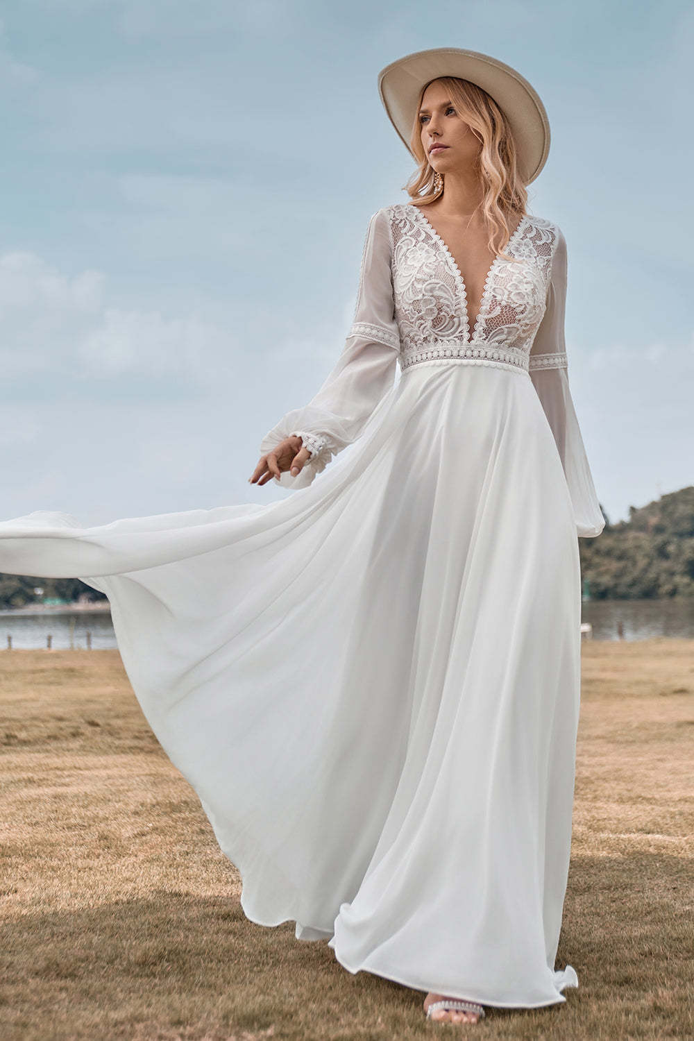 Leely Women Ivory Wedding Dress with Lace Deep V-Neck Long Sleeves Bridal Dress