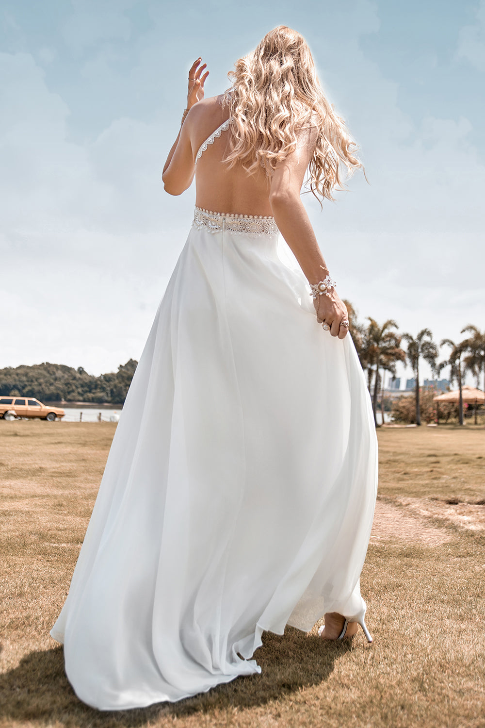 Ivory A Line Lace Backless Wedding Dress with Slit