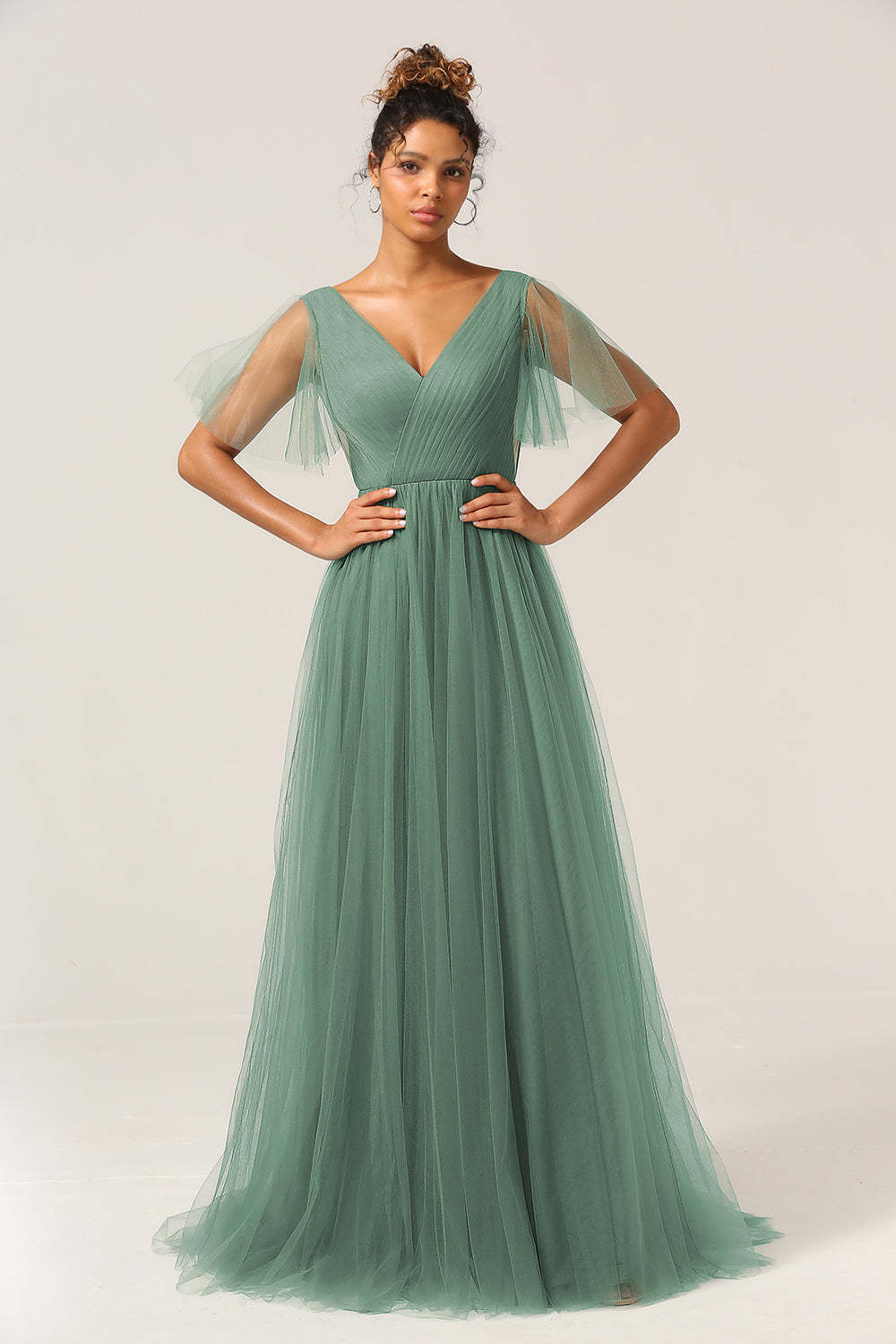 Tulle Deep V Neck V Back A-line Pleated Floor Length Bridesmaid Dress