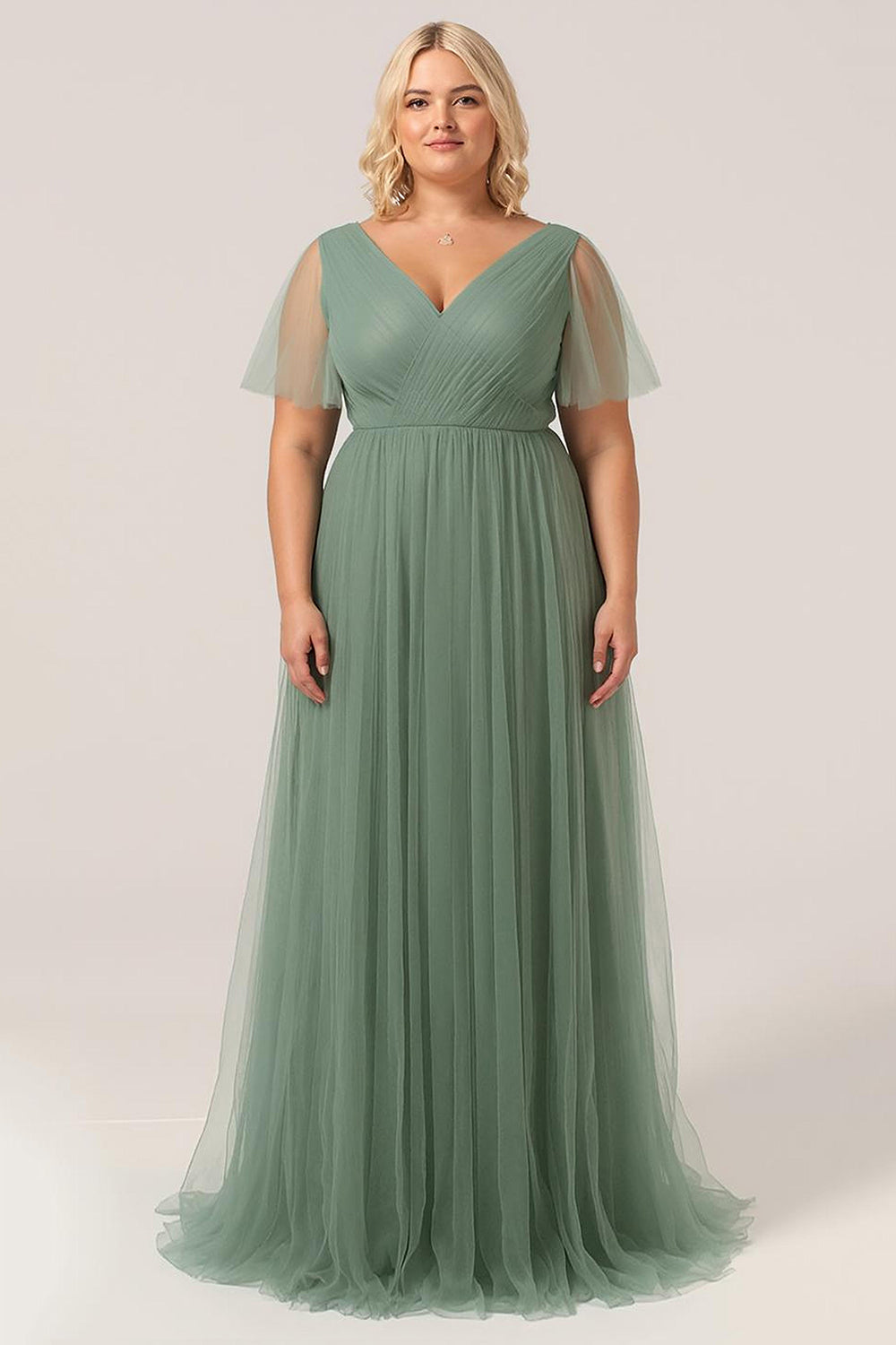 Plus Size Eucalyptus V-Neck A Line Maxi Bridesmaid Dress