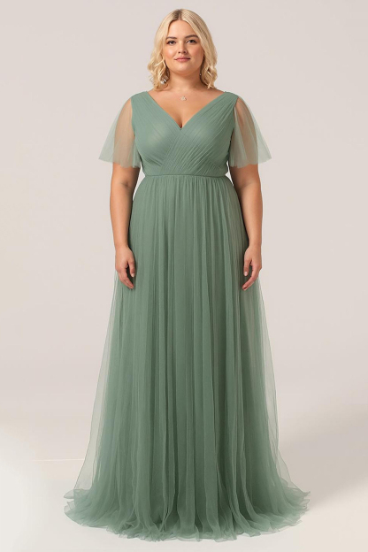 Tulle Deep V Neck V Back A-line Pleated Floor Length Bridesmaid Dress