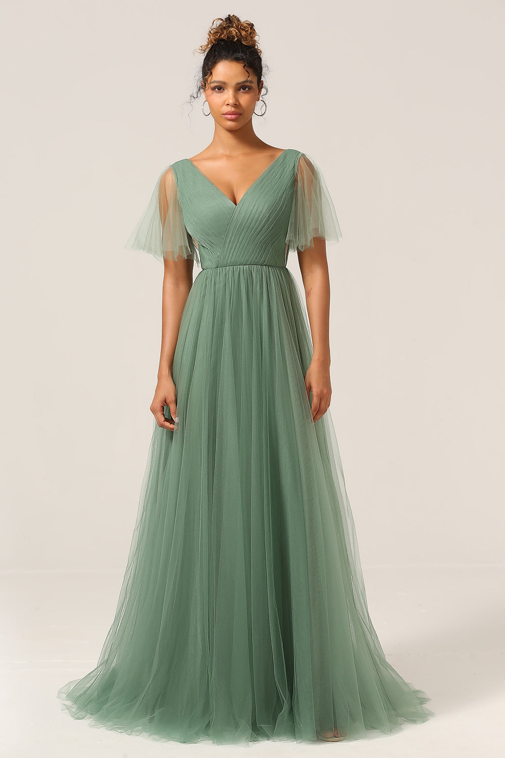Plus Size Eucalyptus V-Neck A Line Maxi Bridesmaid Dress