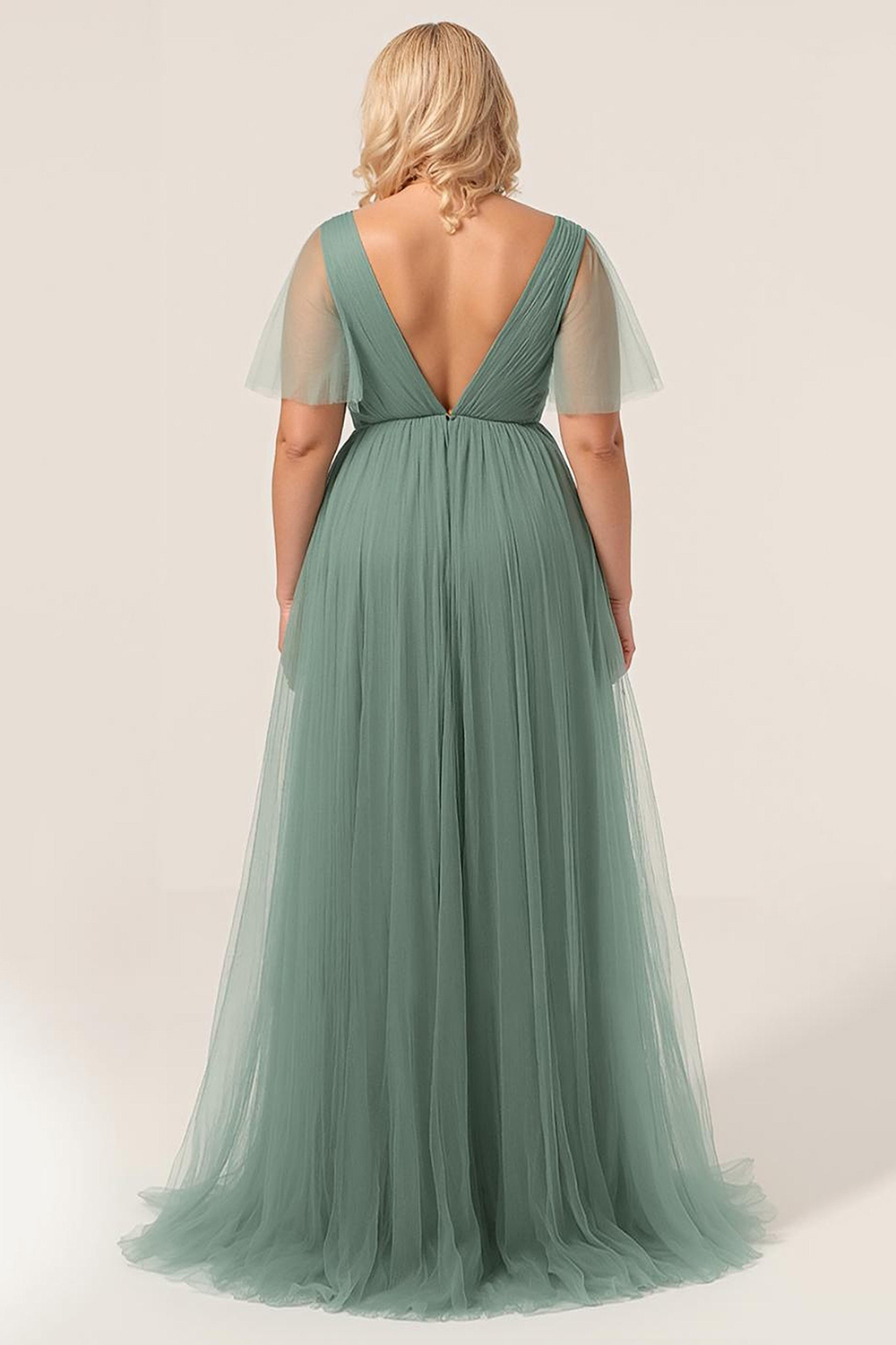 Tulle Deep V Neck V Back A-line Pleated Floor Length Bridesmaid Dress