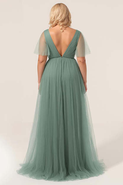 Plus Size Eucalyptus V-Neck A Line Maxi Bridesmaid Dress