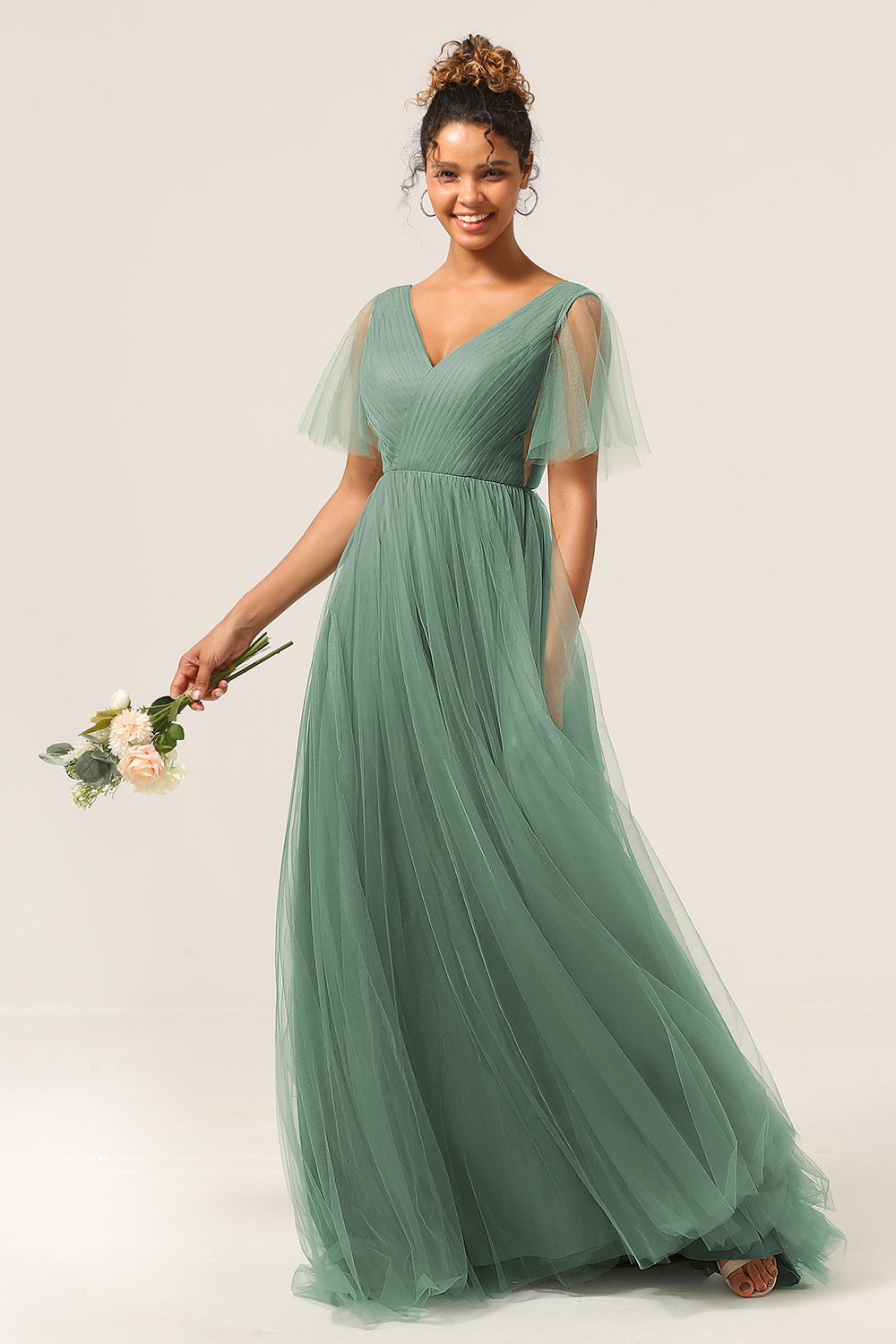 Plus Size Eucalyptus V-Neck A Line Maxi Bridesmaid Dress