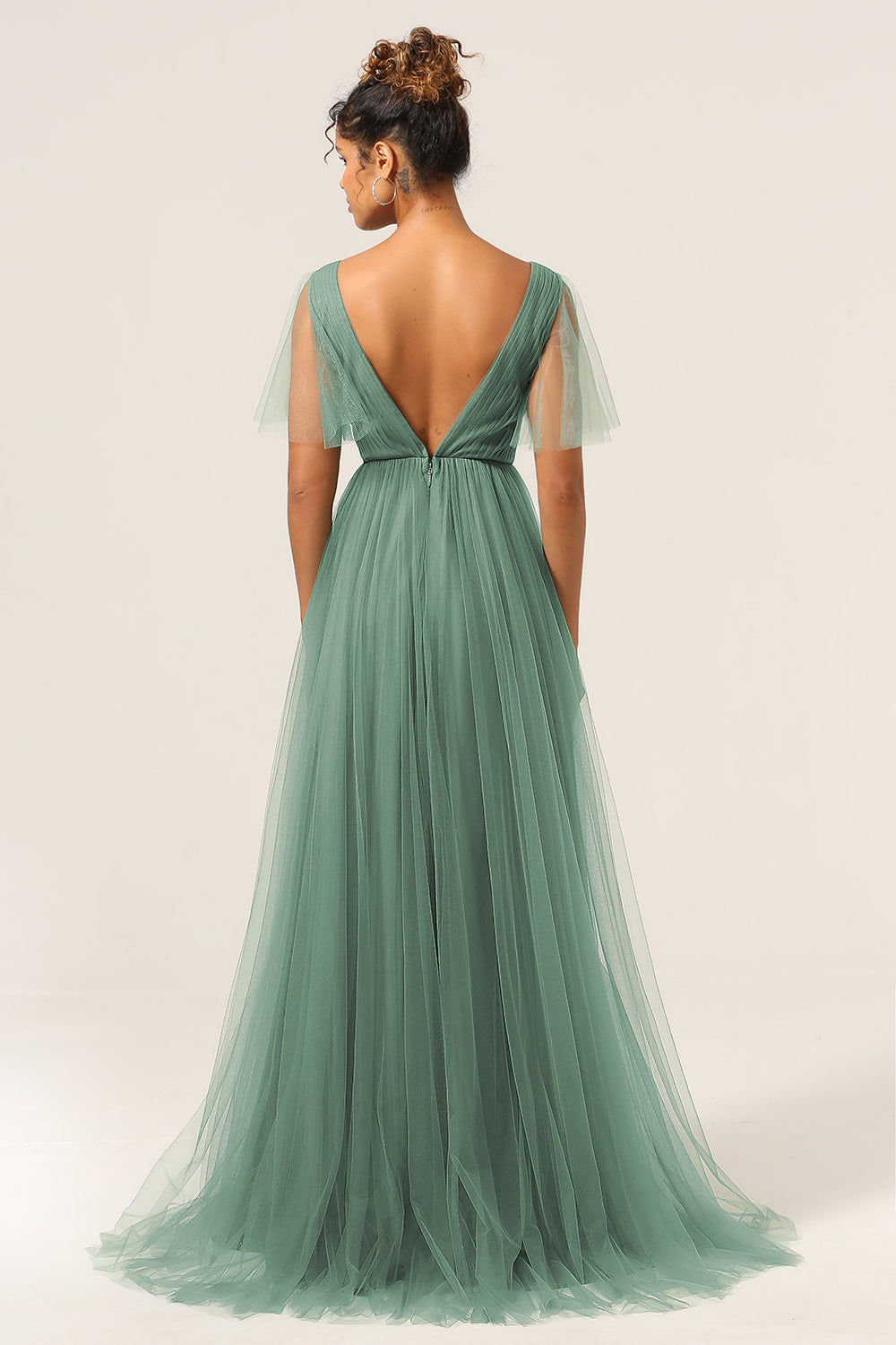 Plus Size Eucalyptus V-Neck A Line Maxi Bridesmaid Dress