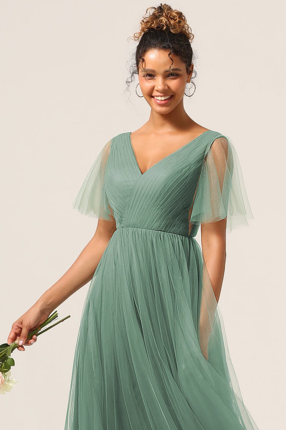 Plus Size Eucalyptus V-Neck A Line Maxi Bridesmaid Dress
