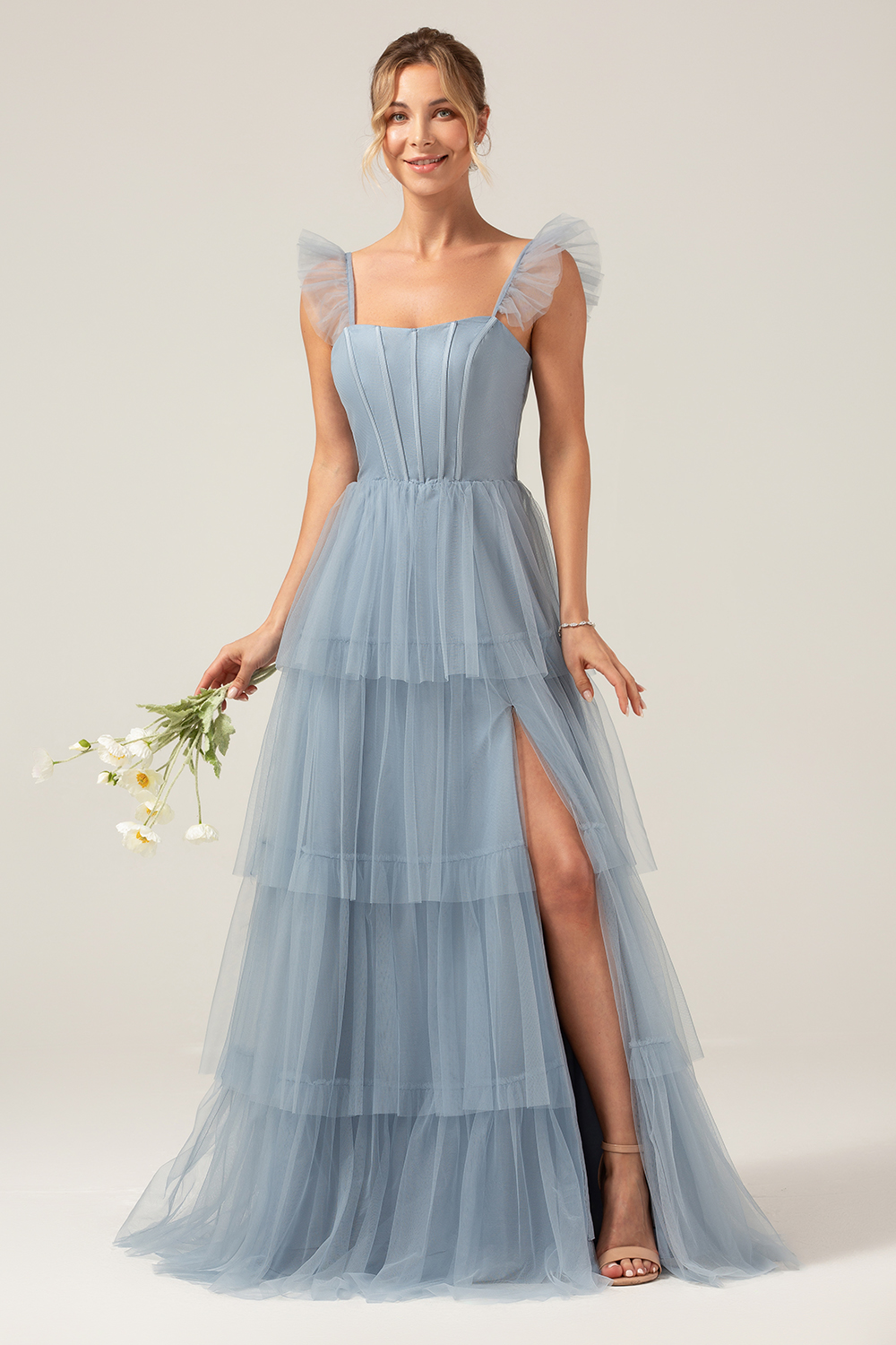 Leely Women Dusty Blue Bridesmaid Dress Detachable Straps A Line Chiffon Wedding Guest Dress with Slit