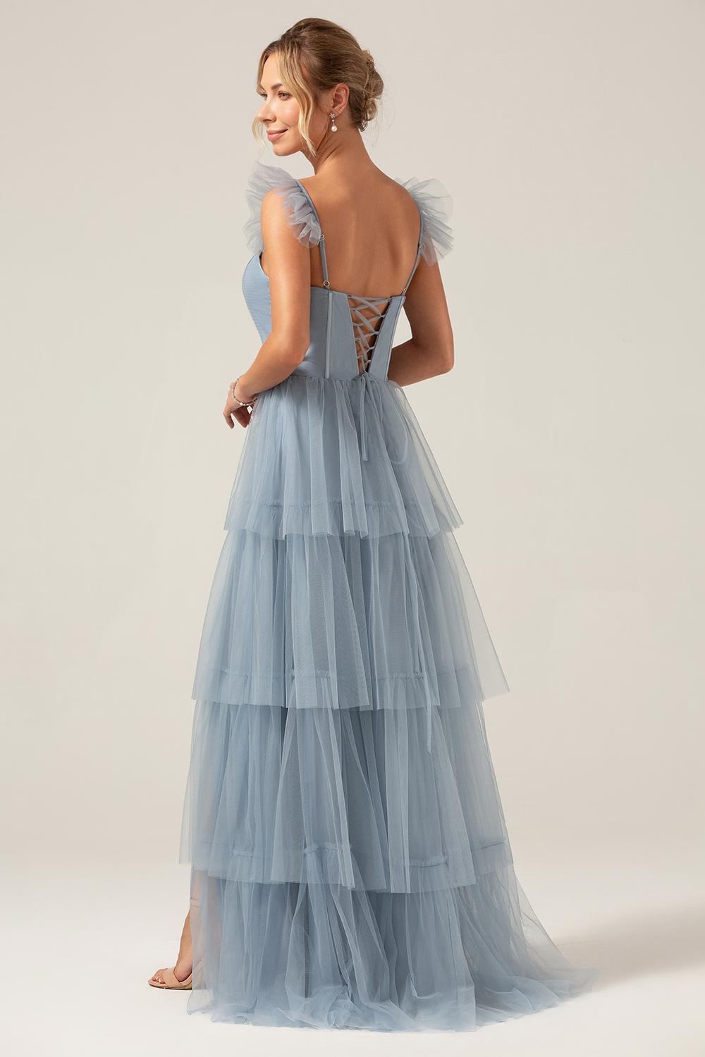Dusty Blue Detachable Straps A Line Tiered Bridesmaid Dress with Slit