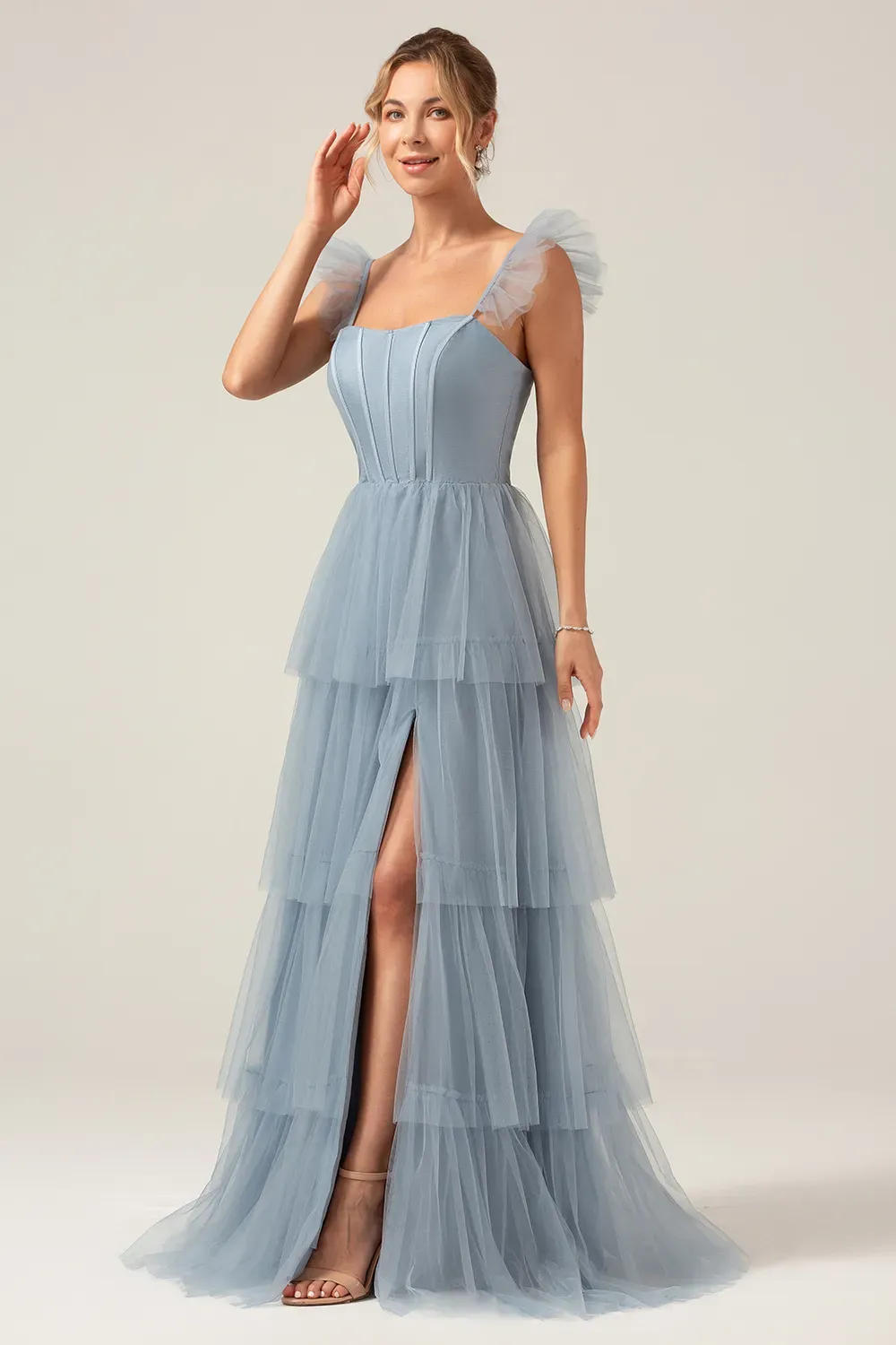 Tulle Tiered A-line Corset Convertible Floor Length Bridesmaid Dress