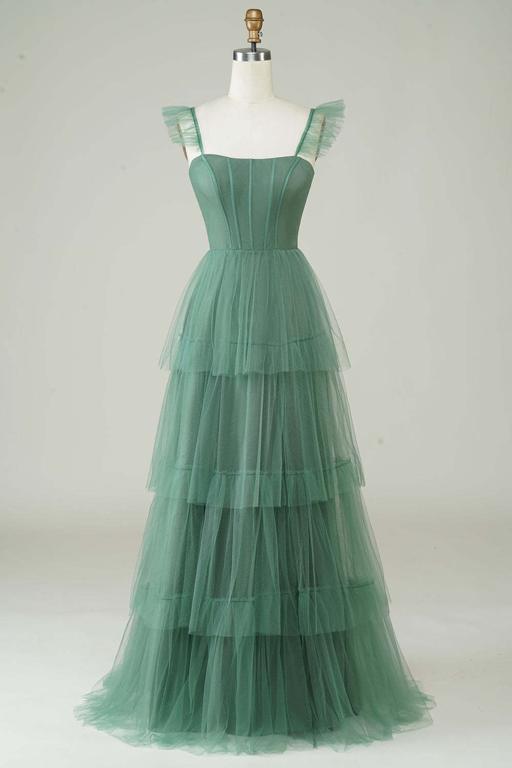 Detachable Straps A Line Purple Tulle Tiered Pleated Prom Dress with Slit