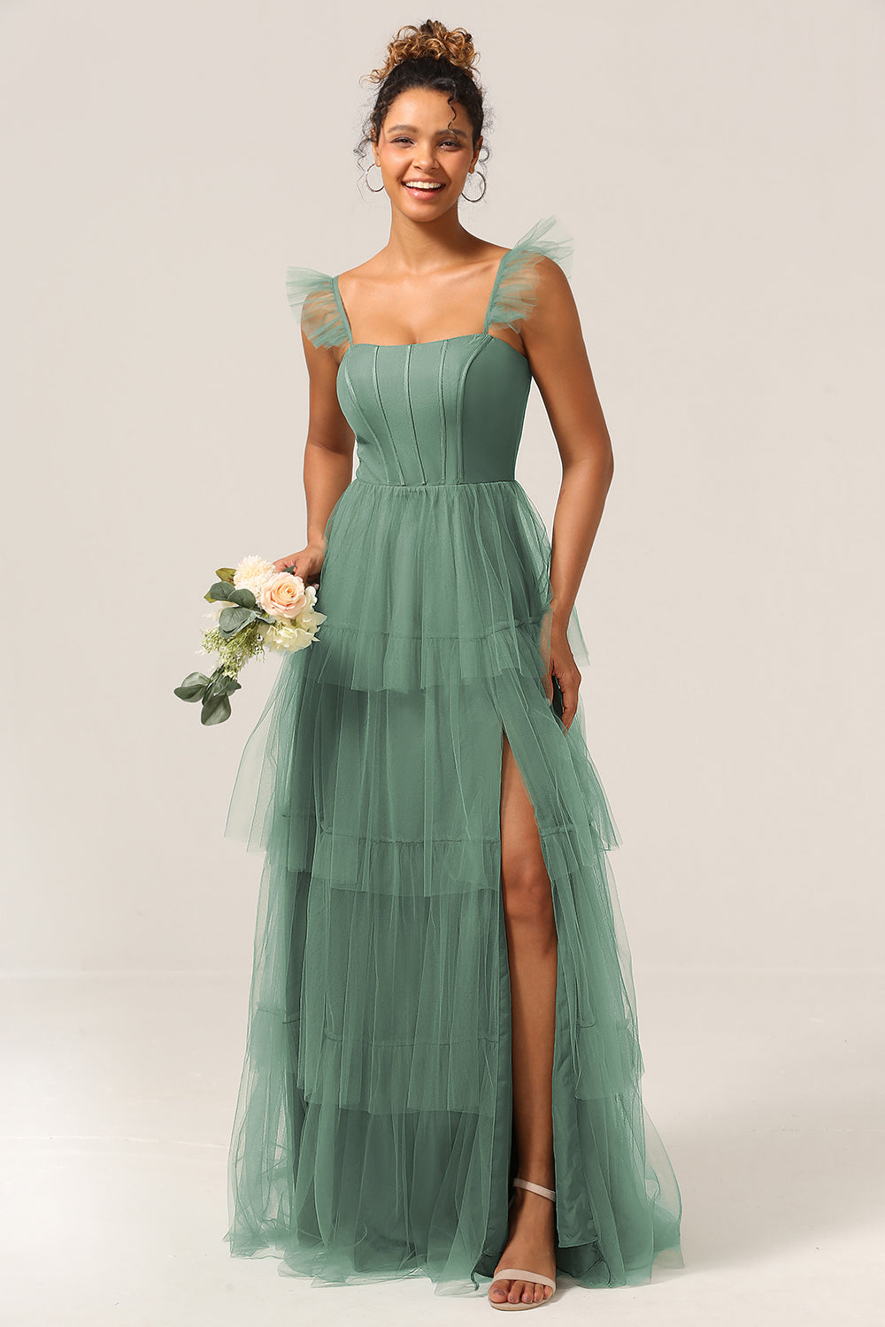 Plus Size Eucalyptus Detachable Straps A Line Tiered Maxi Bridesmaid Dress with Slit