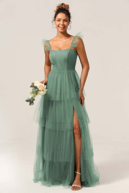 Plus Size Eucalyptus Detachable Straps A Line Tiered Maxi Bridesmaid Dress with Slit
