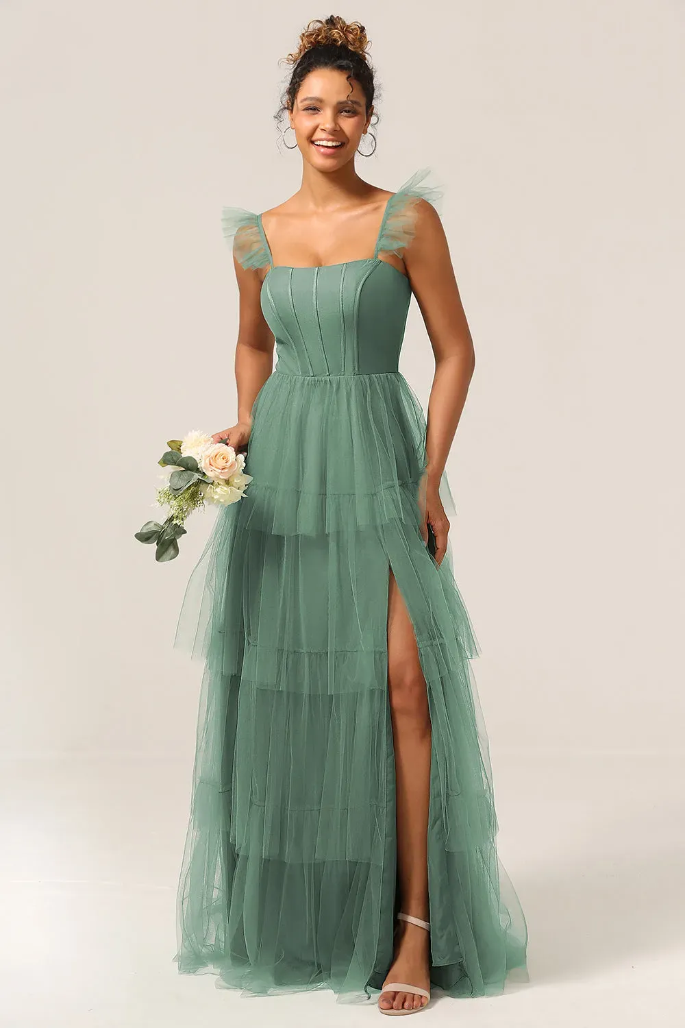 Detachable Straps A Line Purple Tulle Tiered Pleated Bridesmaid Dress with Slit