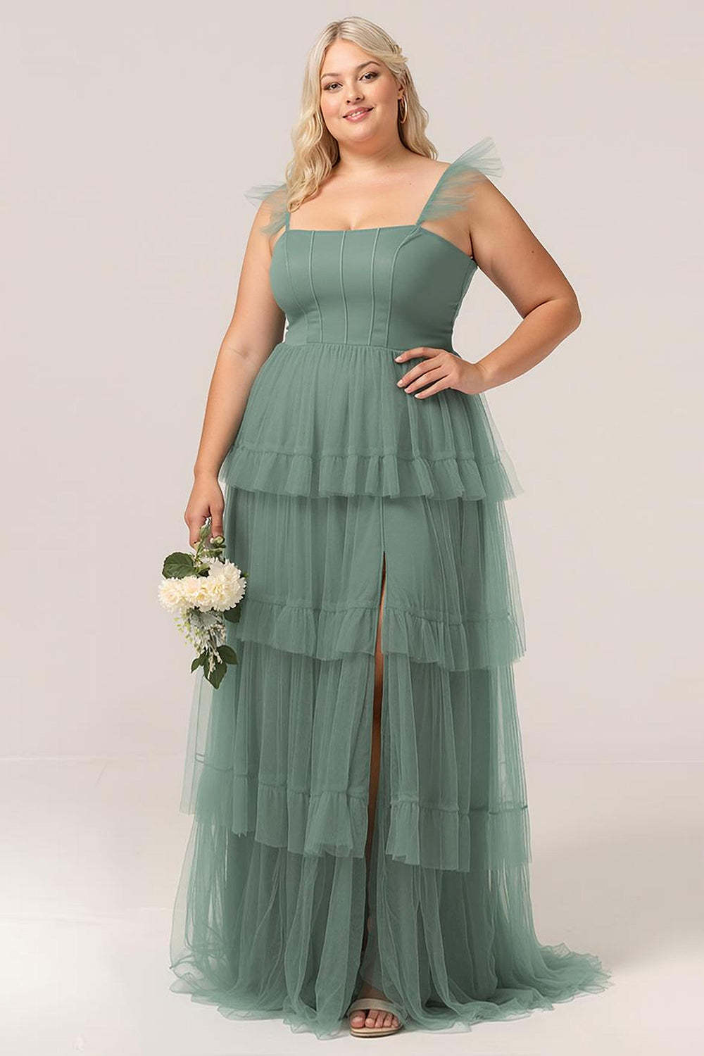 Plus Size Eucalyptus Detachable Straps A Line Tiered Maxi Bridesmaid Dress with Slit