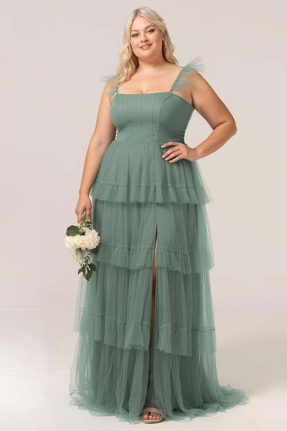Plus Size Eucalyptus Detachable Straps A Line Tiered Maxi Bridesmaid Dress with Slit